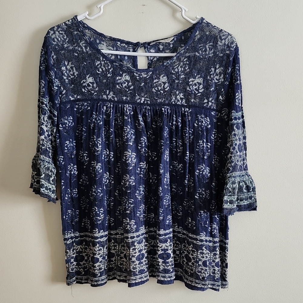 Lucky Brand Navy Blue Floral Peasent Top Women's Medium Boho Gypsy Casual